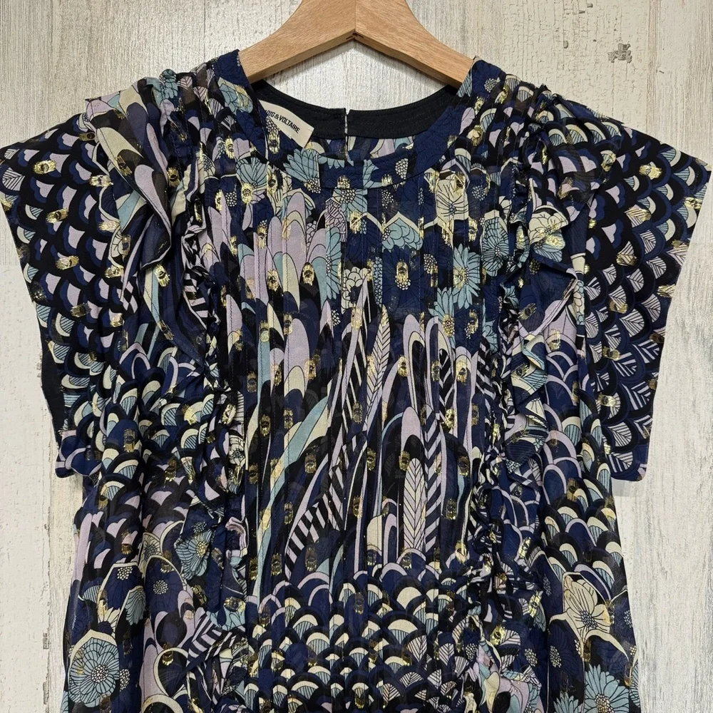 Zadig & Voltaire Toundra Lurex Printed Silk Blouse Top Size S Party Cocktail - Picture 2 of 12